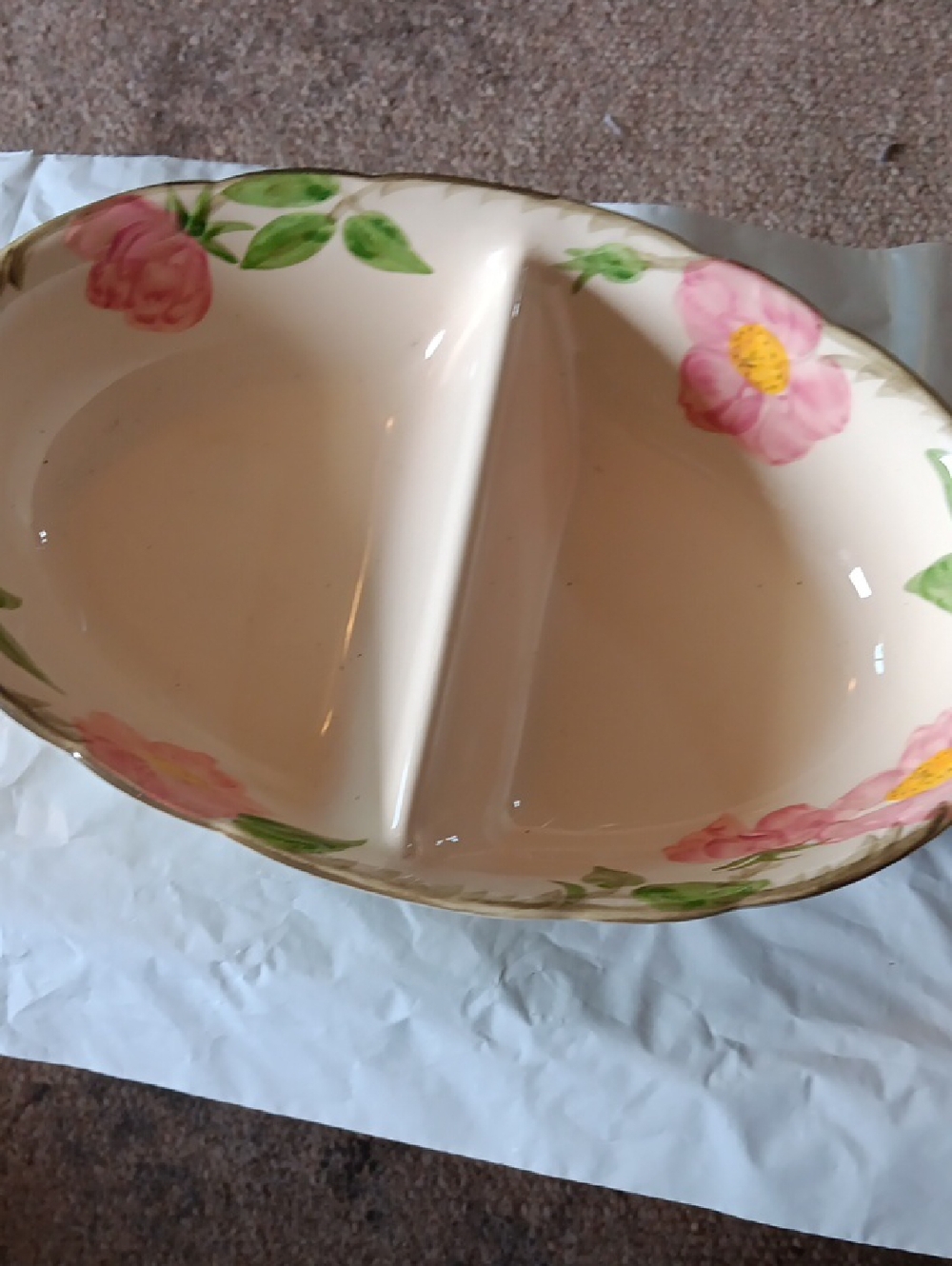 Franciscan Cream Divided Serving Bowl with Pink Floral Trim